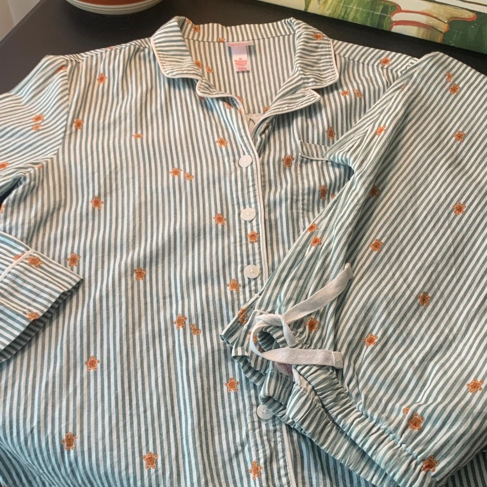 Wondershop Green & White Striped Pajama Set with Orange Floral Embroidery